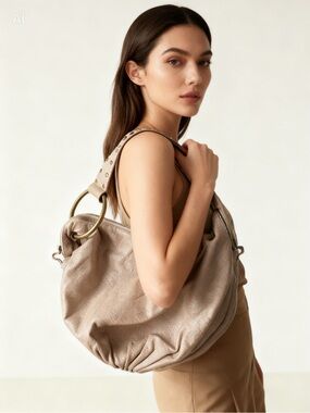 Express Nude Leather Pebbled Hobo Bag with Studded Strap